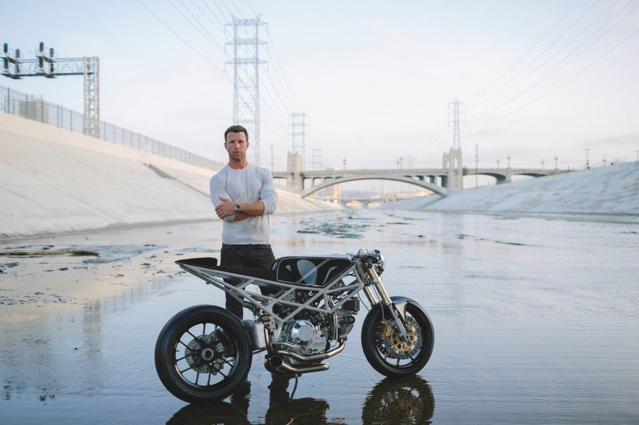 Max Hazan and his custom Ducati Motorcycle in a Los Angeles aqueduct