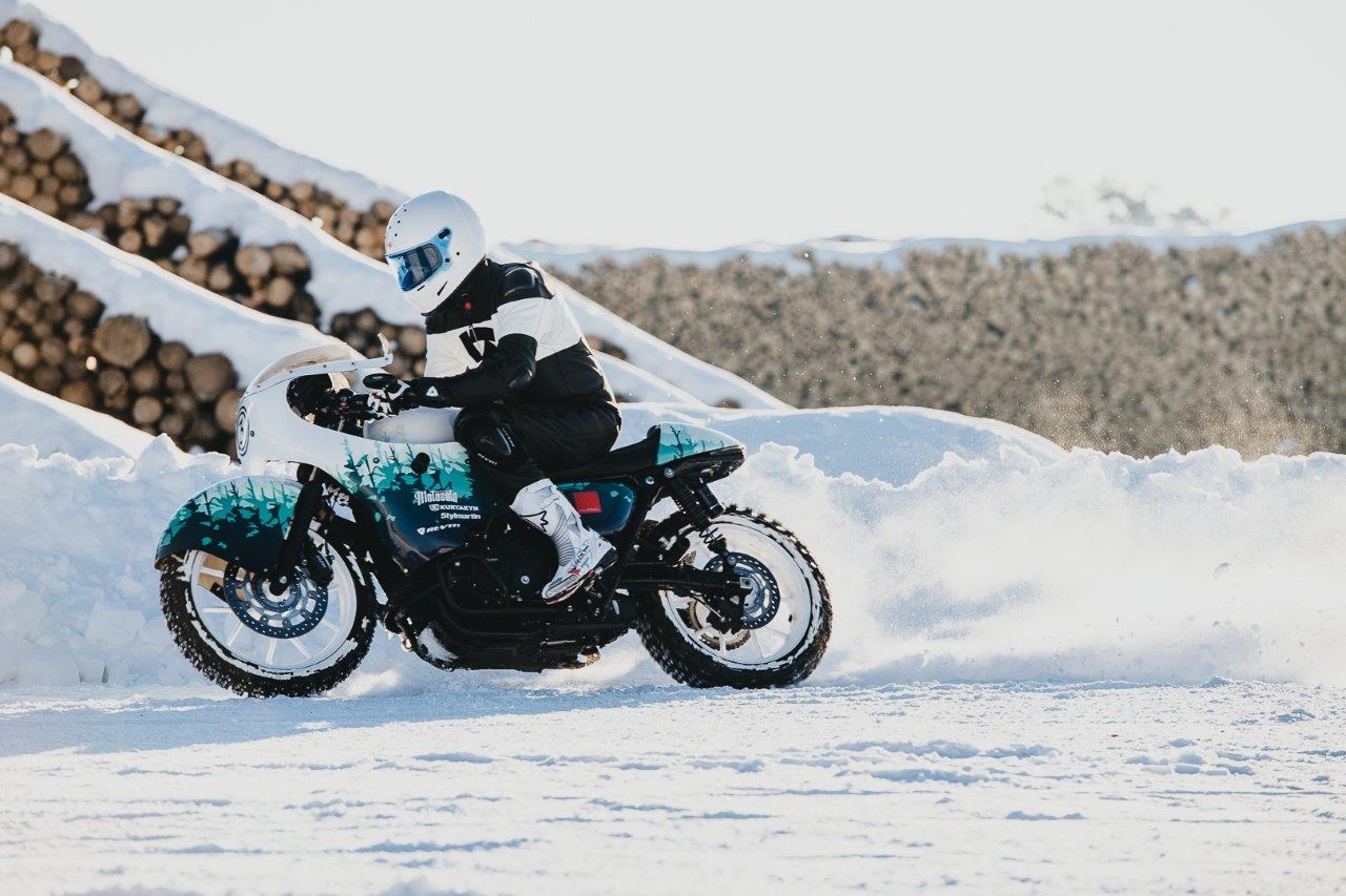 David Chang from Cafe Racers of Instagram on a Triumph motorcycle riding in snow