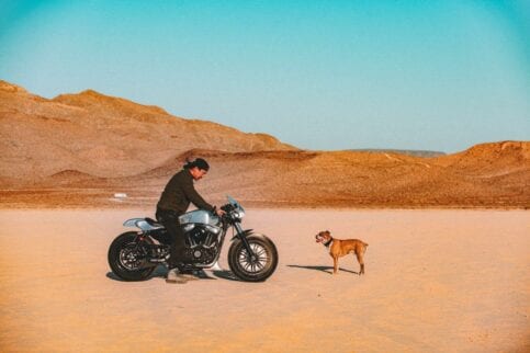 David Chang from Cafe Racers of Instagram on a Harley motorcycle riding on a salt flat