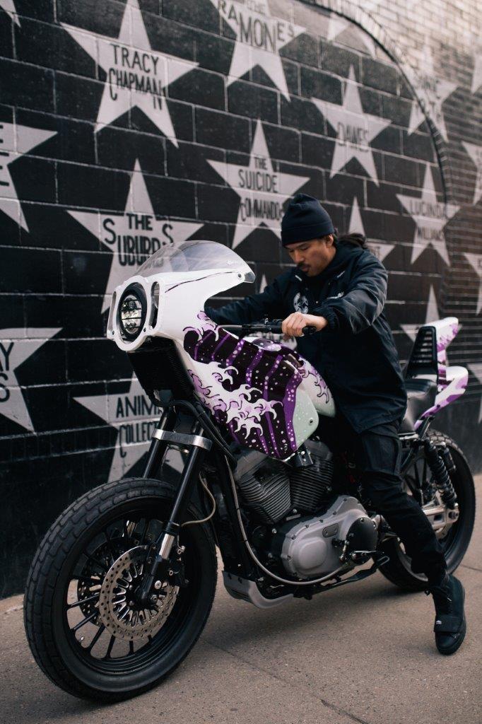 David Change from Cafe Racers of Instagram riding a bosozoku Harley motorcycle in Minneapolis