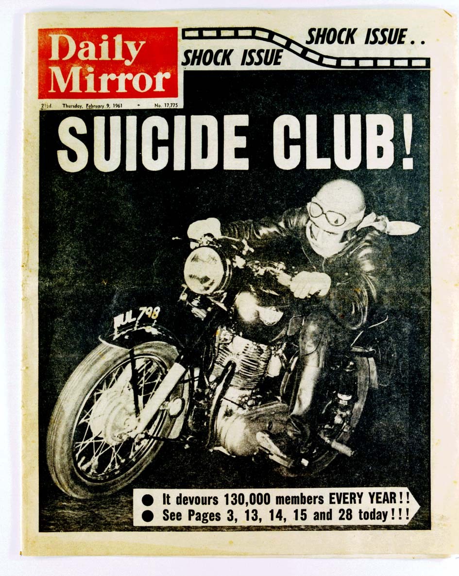 the front page of England's Daily Mirror from February 9th, 1961. The headline reads 'Suicide Club!' and talks sensationally about cafe racer motorcycles