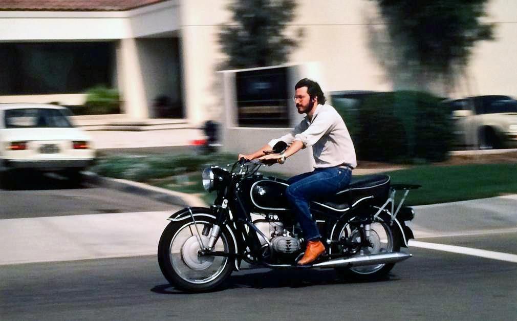 Steve Jobs rides through Silicon Valley on a BMW motorcycle in 1982