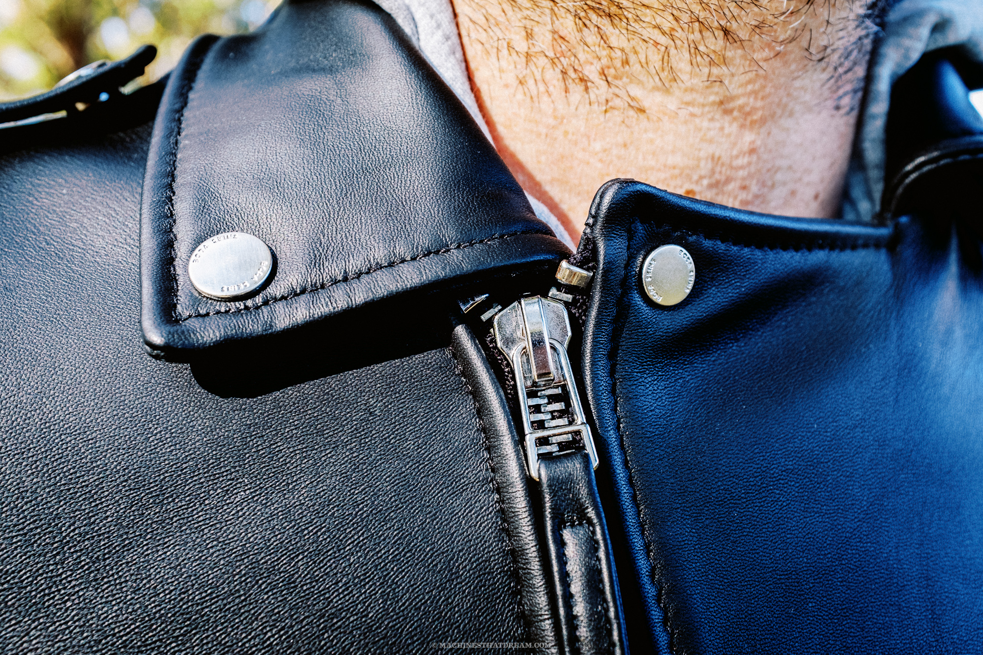 A detail shot of the Boda Skin's 'Voyager' leather motorcycle jacket