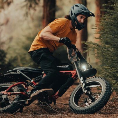 Cyclist riding Super73 eBike in forest