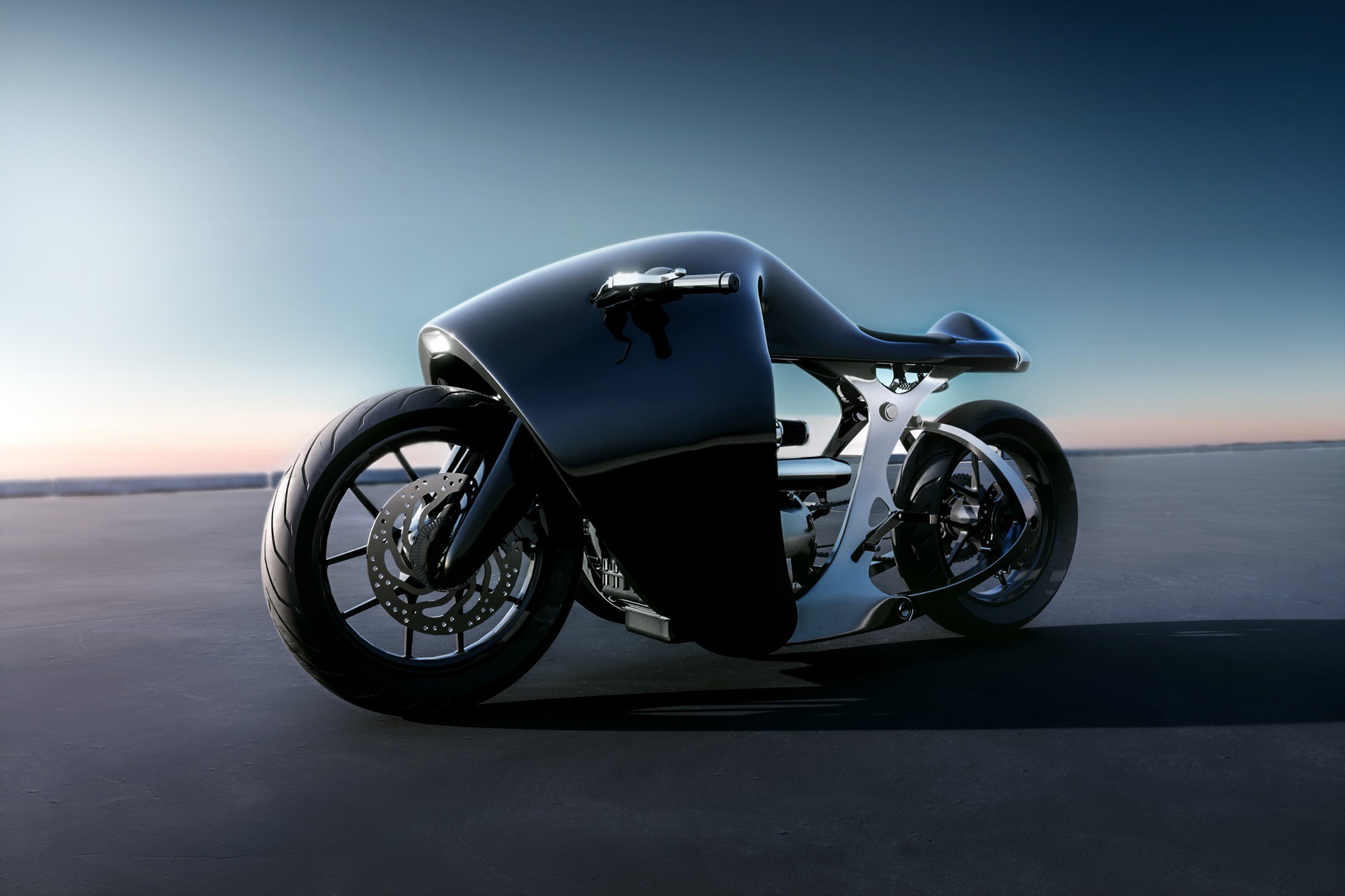 Side view of Bandit9 Supermarine Custom Racer motorcycle on flats at sunrise