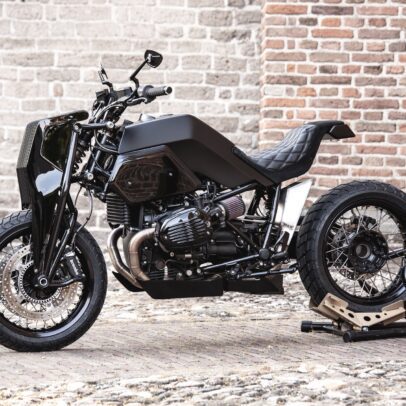 Moto Adonis BMW R nineT Girder custom motorcycle in Amsterdam alley