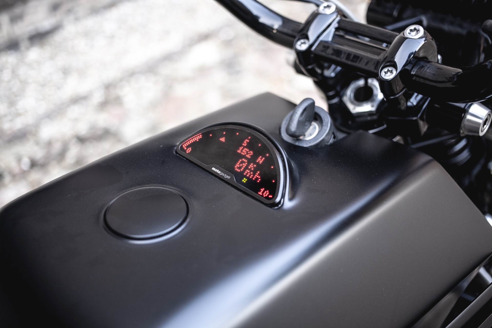 Close up of dash on Moto Adonis BMW R nineT Girder custom motorcycle