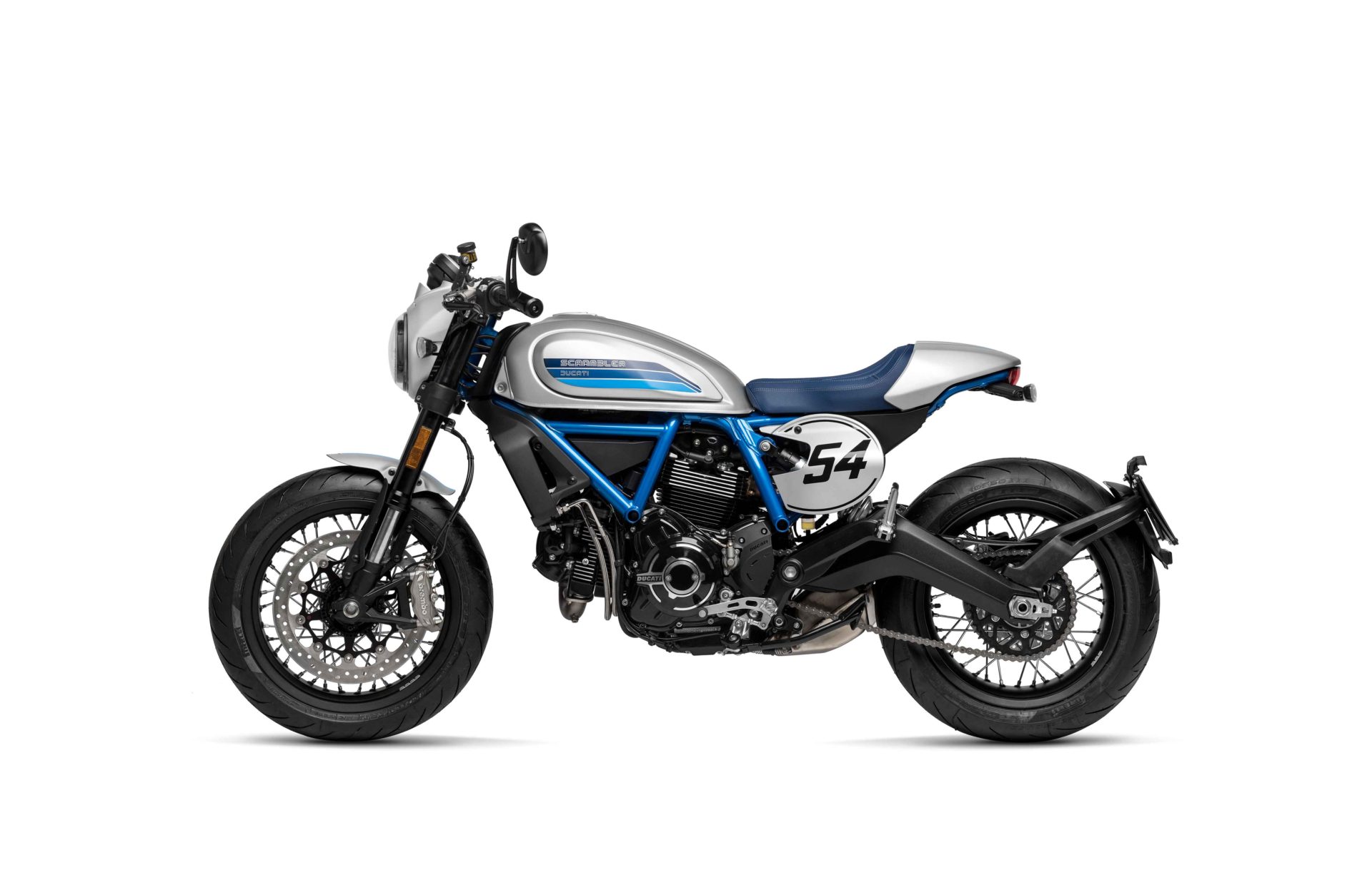 Silver and blue Ducati Scrambler cafe racer motorcycle on white background
