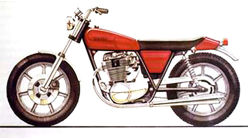 Original concept artwork of Yamaha SR400 motorcycle from the 1970s
