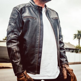 Front shot of man wearing ol Bobber Leather Jacket by Black Pup Moto