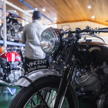 Close-up photograph of front detailing on Vincent Black Shadow motorcycle