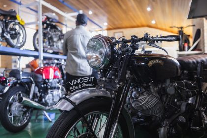 Close-up photograph of front detailing on Vincent Black Shadow motorcycle