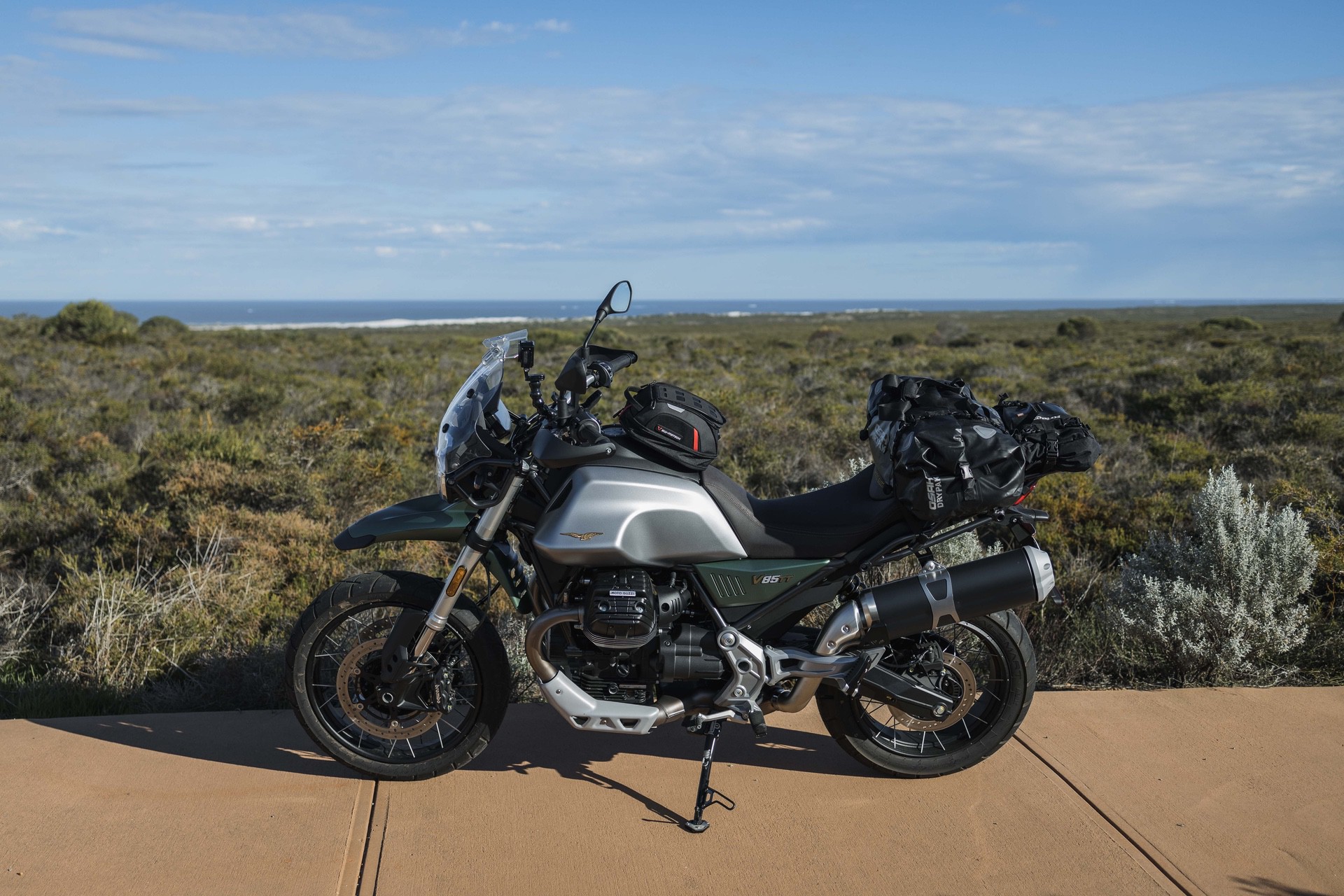 Moto Guzzi V85TT parked near Australian coast