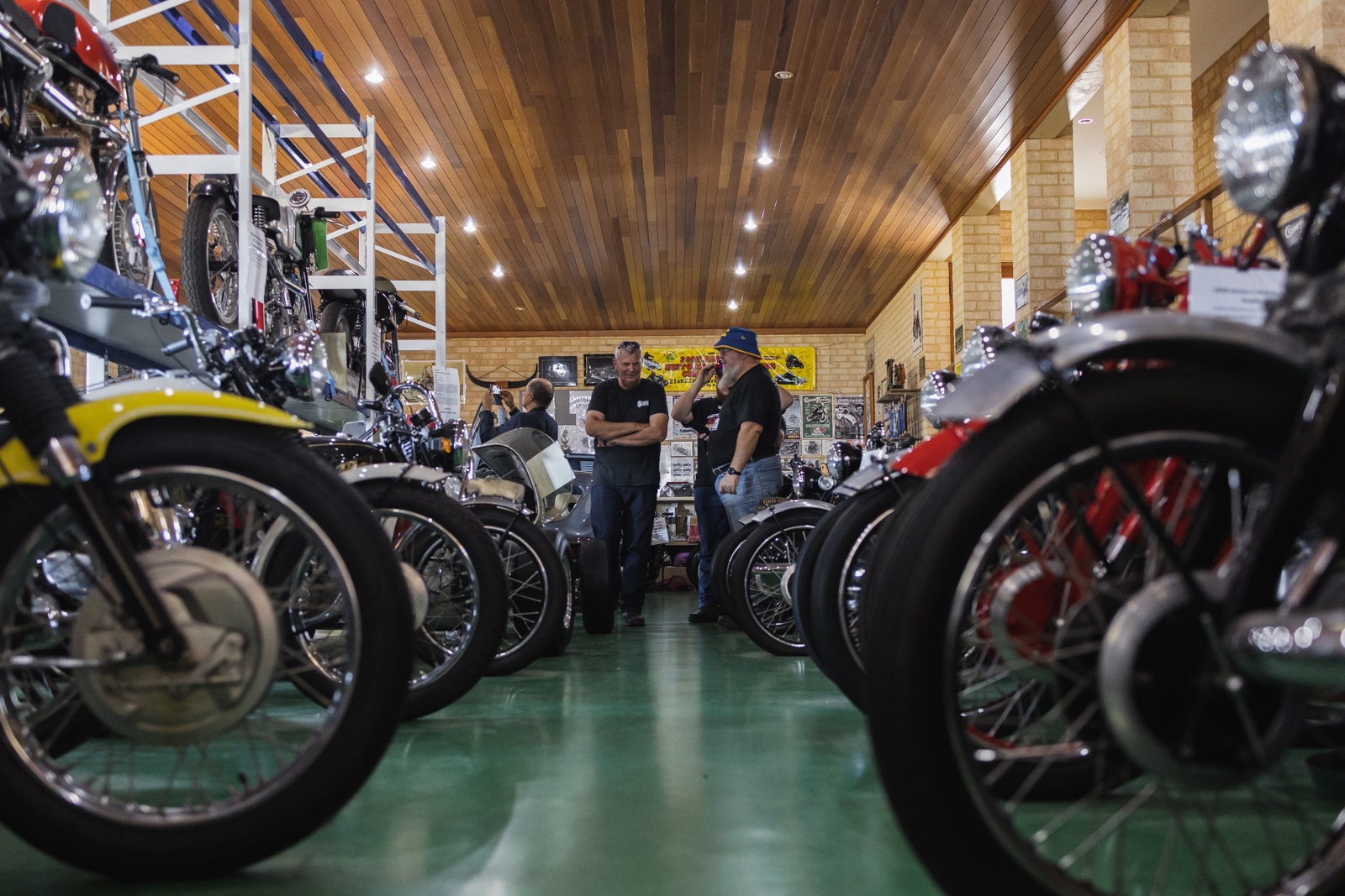 Vintage motorcycle wheels on display at Ian Boyd Collection