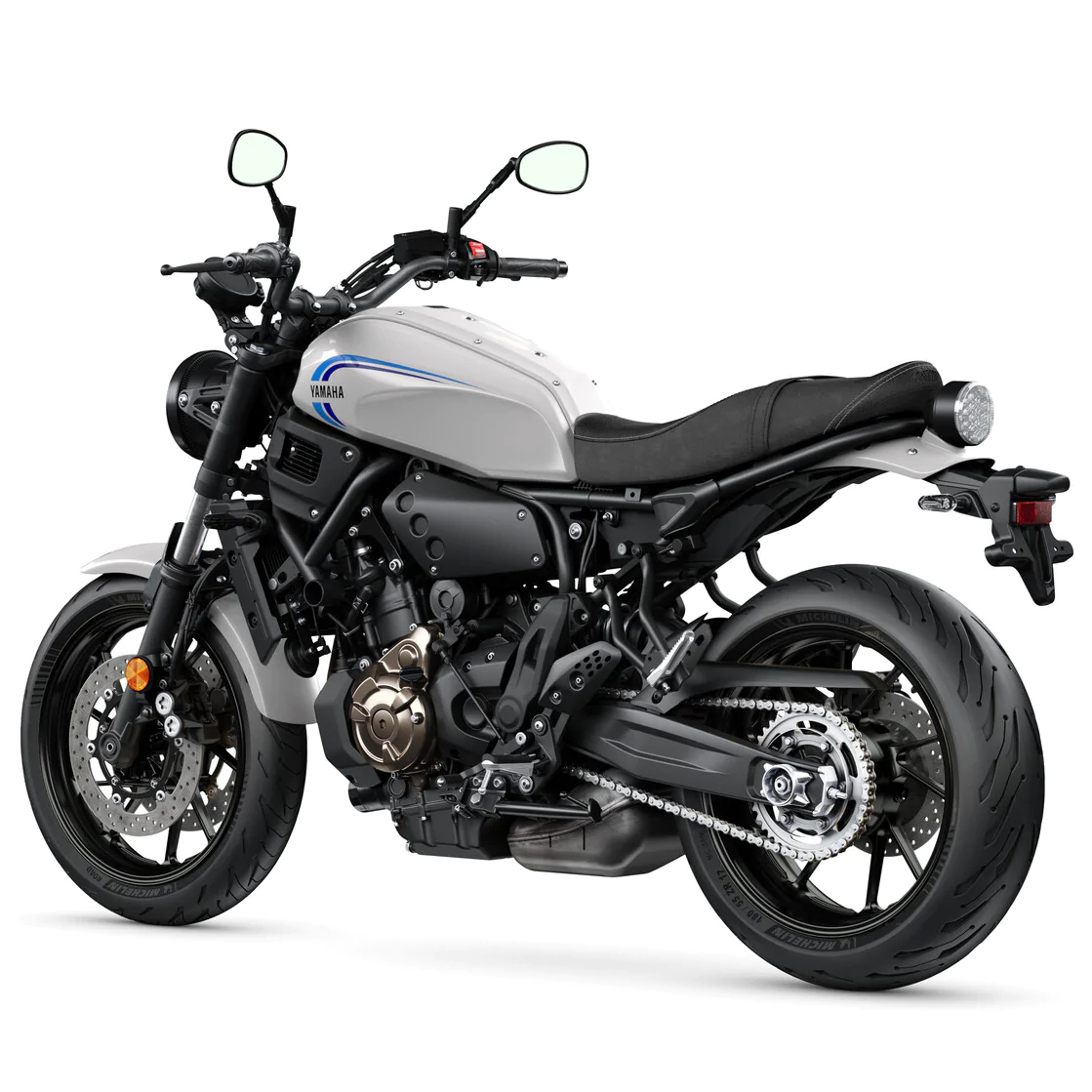 A 2020 Yamaha XSR700 motorcycle in white and blue