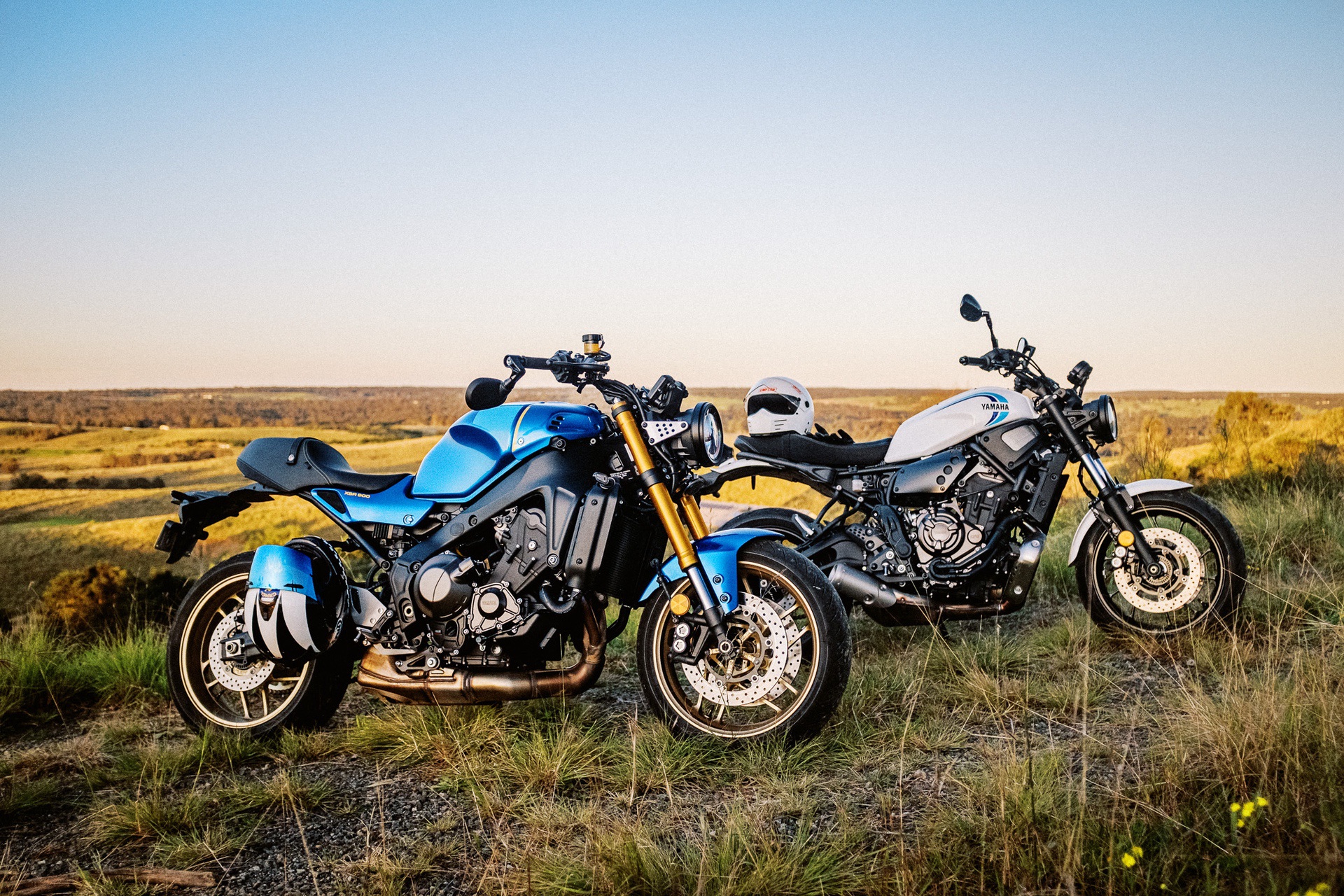 The 2022 Yamaha XSR900 and XSR700 motorcycles at dusk on the outskirts of Sydney, Australia