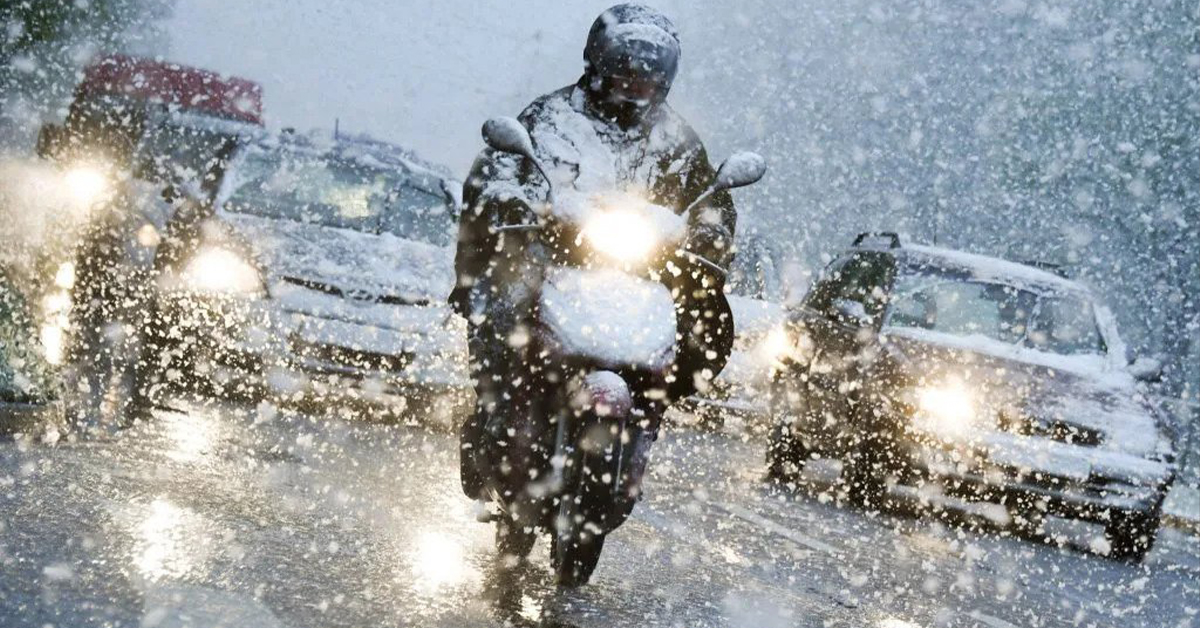 Riding a motorcycle in the snow