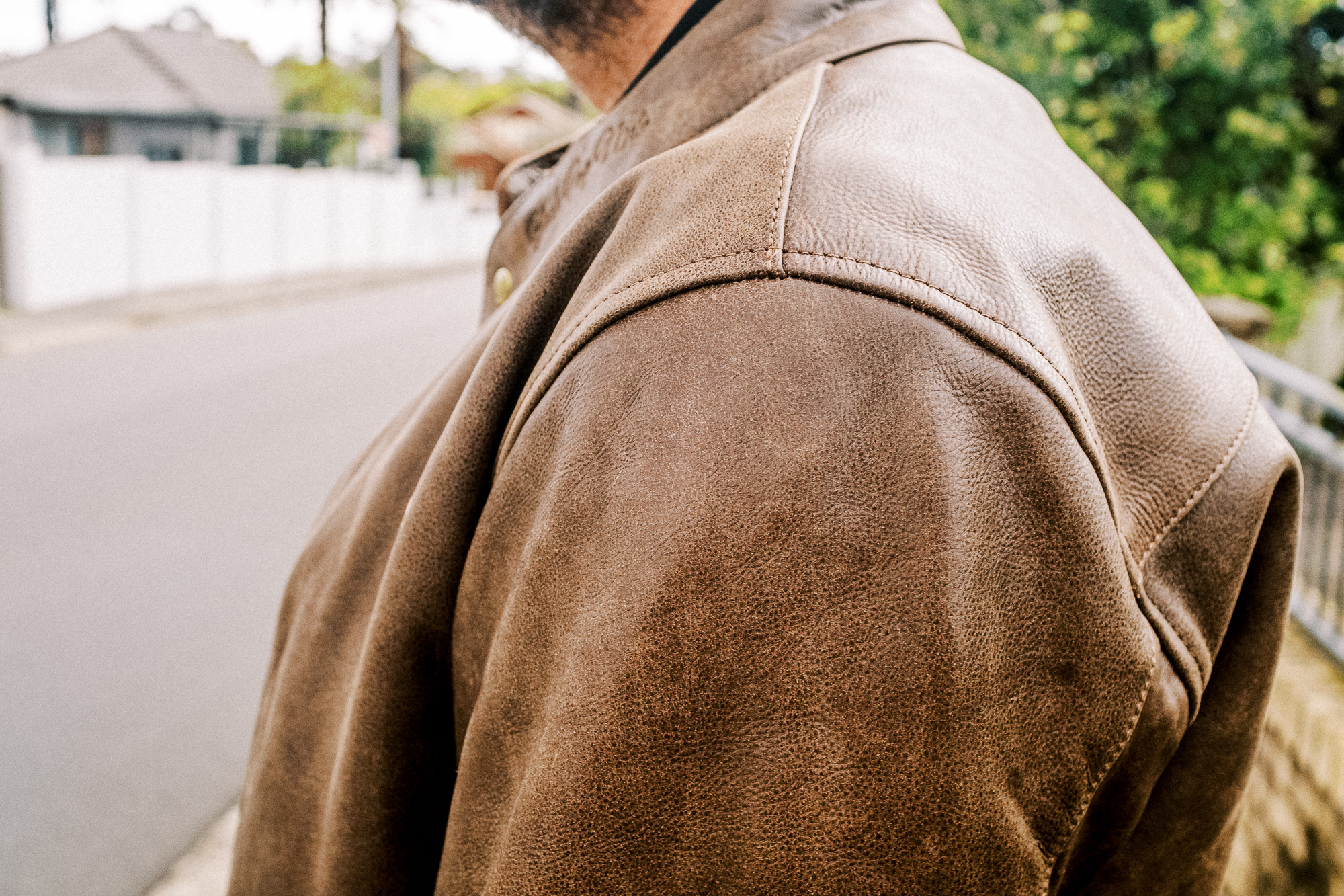 Closeup of the shoulder on the Black Pup Moto Nelson Leather Jacket