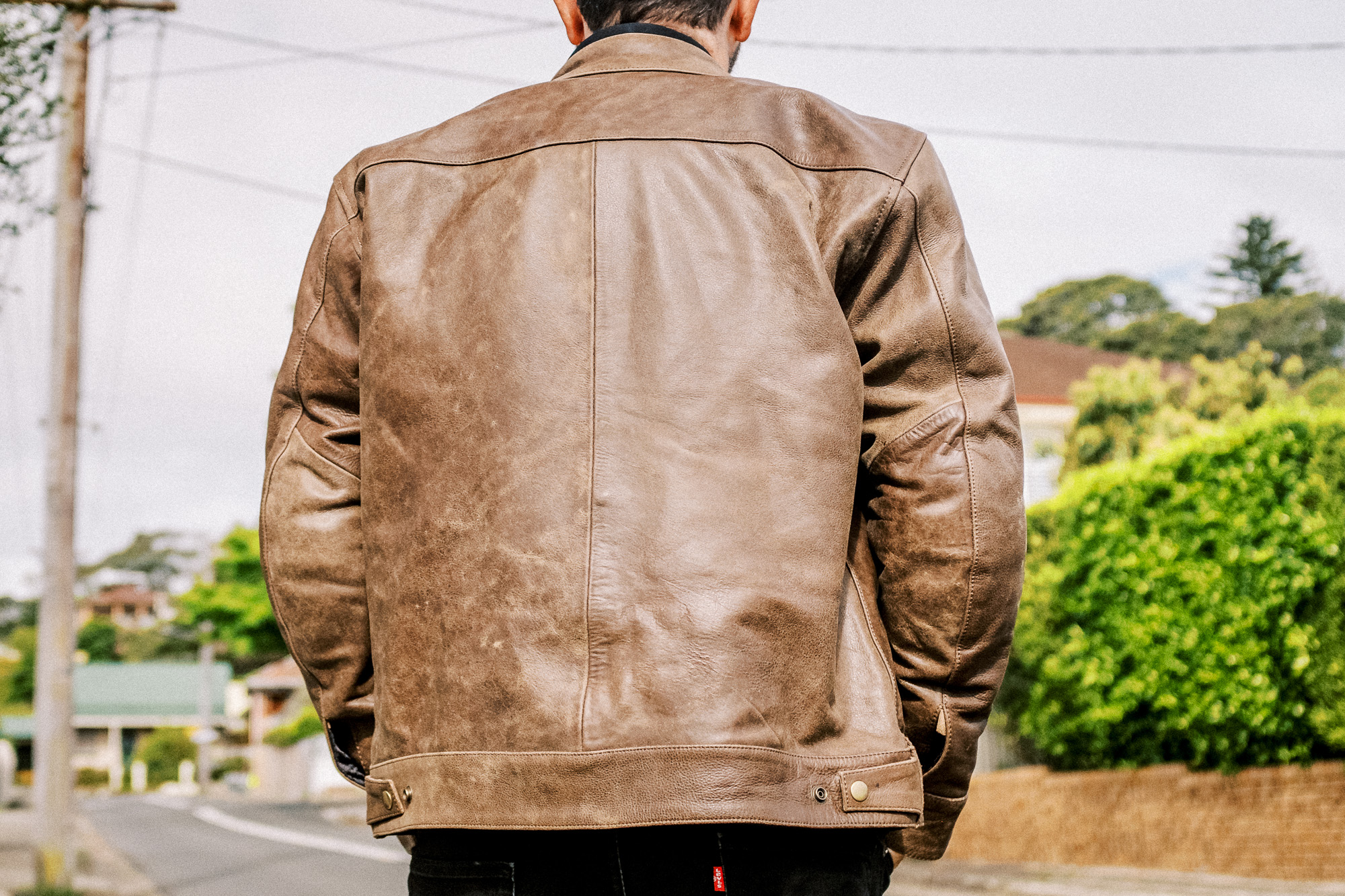 Rear view of the Black Pup Moto Nelson Leather Jacket
