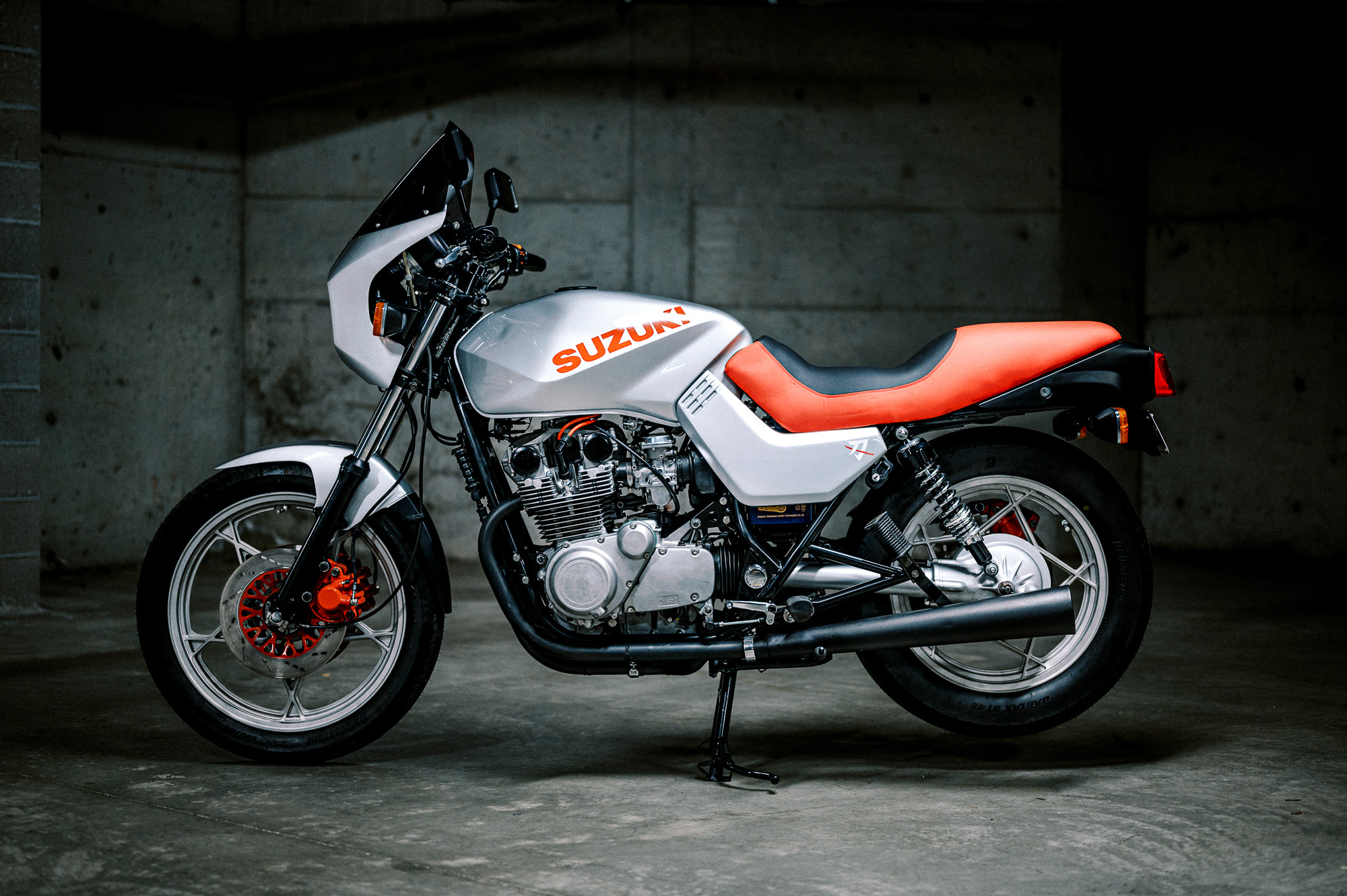 A 1981 Suzuki Katana Motorcycle in an underground carpark