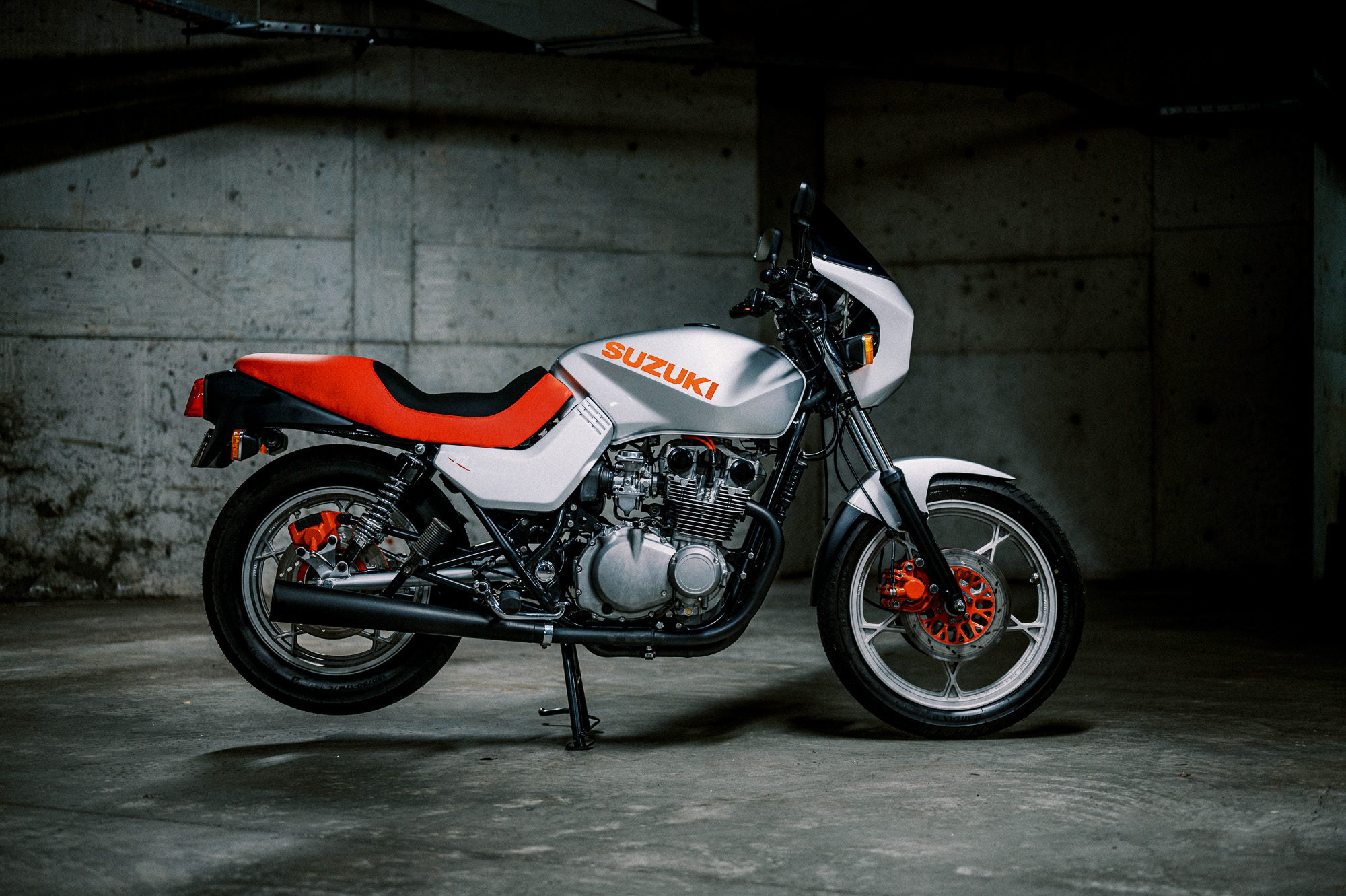 A 1981 Suzuki Katana Motorcycle in an underground carpark