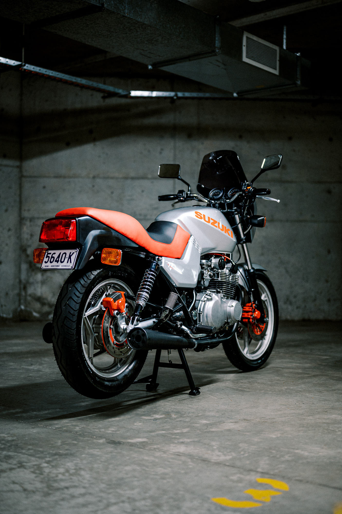 A 1981 Suzuki Katana Motorcycle in an underground carpark