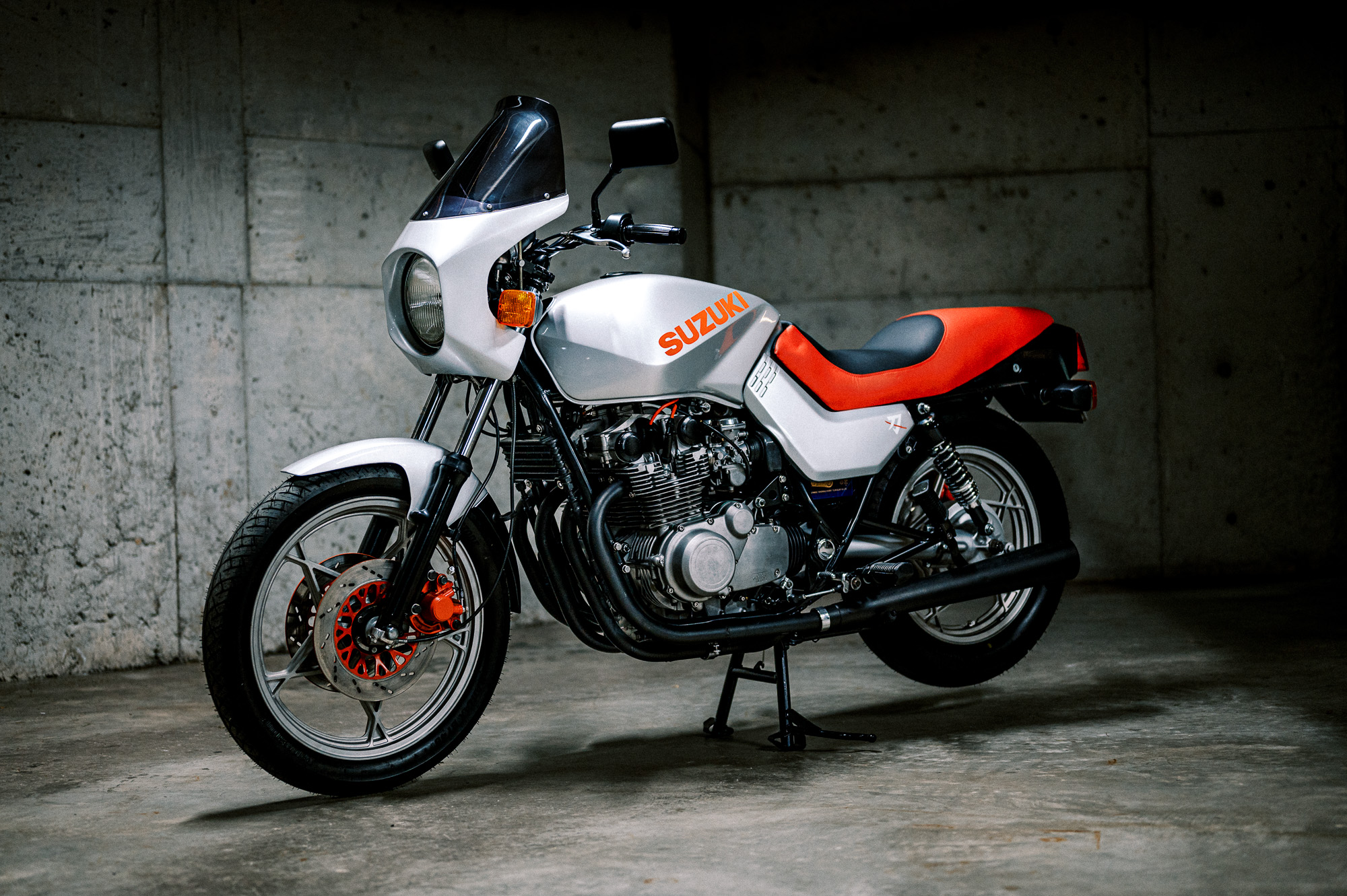 A 1981 Suzuki Katana Motorcycle in an underground carpark