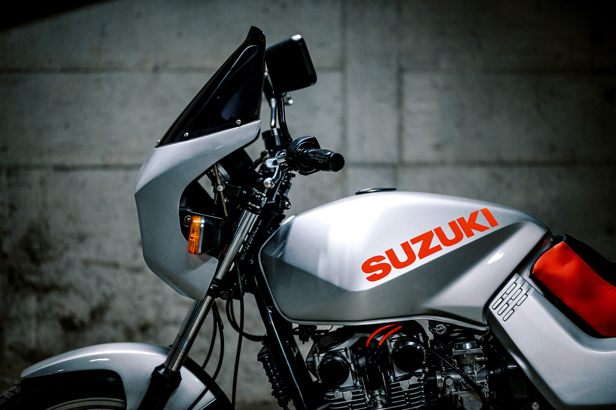 A 1981 Suzuki Katana Motorcycle in an underground carpark