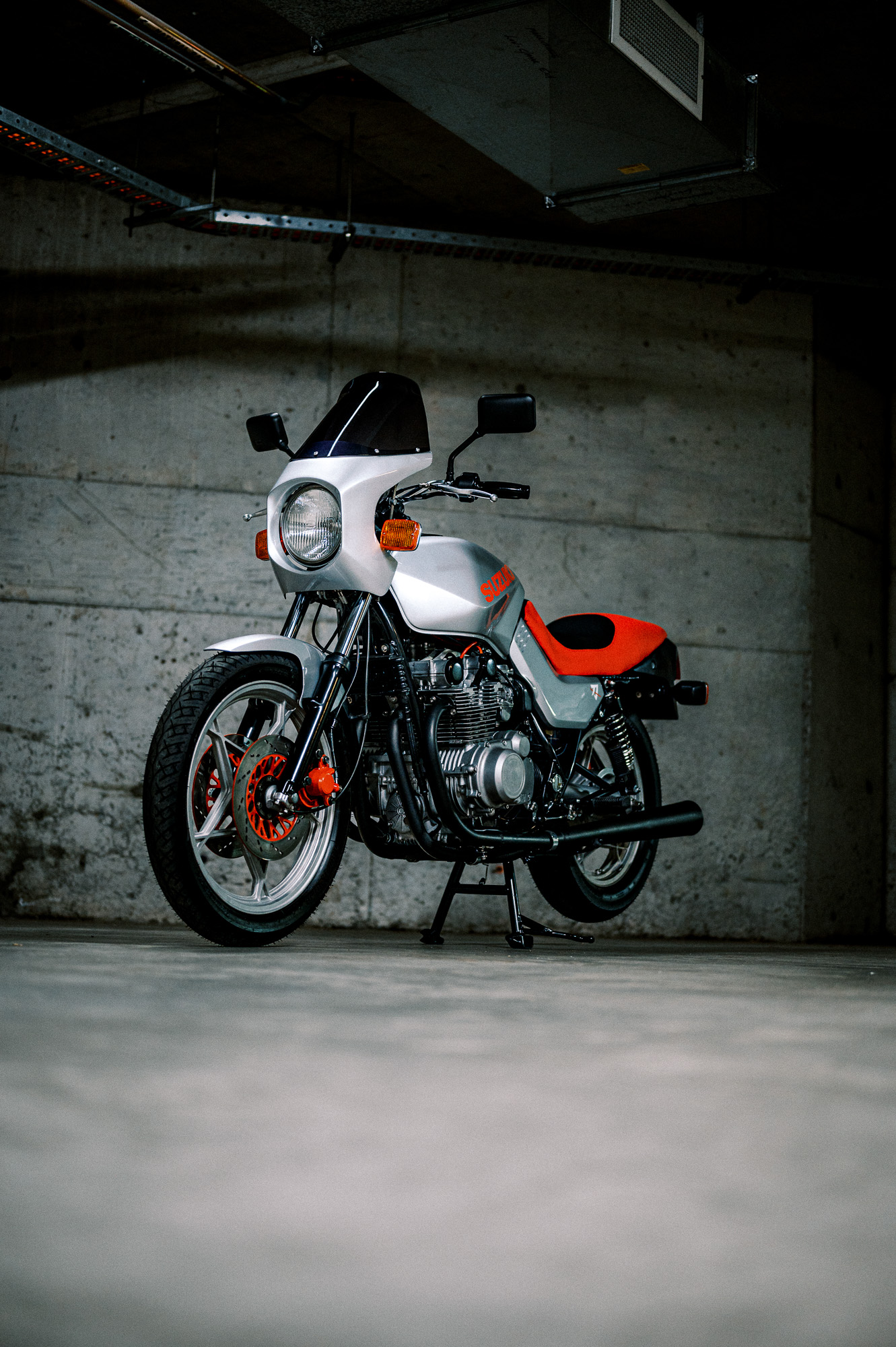 A 1981 Suzuki Katana Motorcycle in an underground carpark