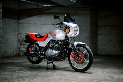 A 1981 Suzuki Katana Motorcycle in an underground carpark