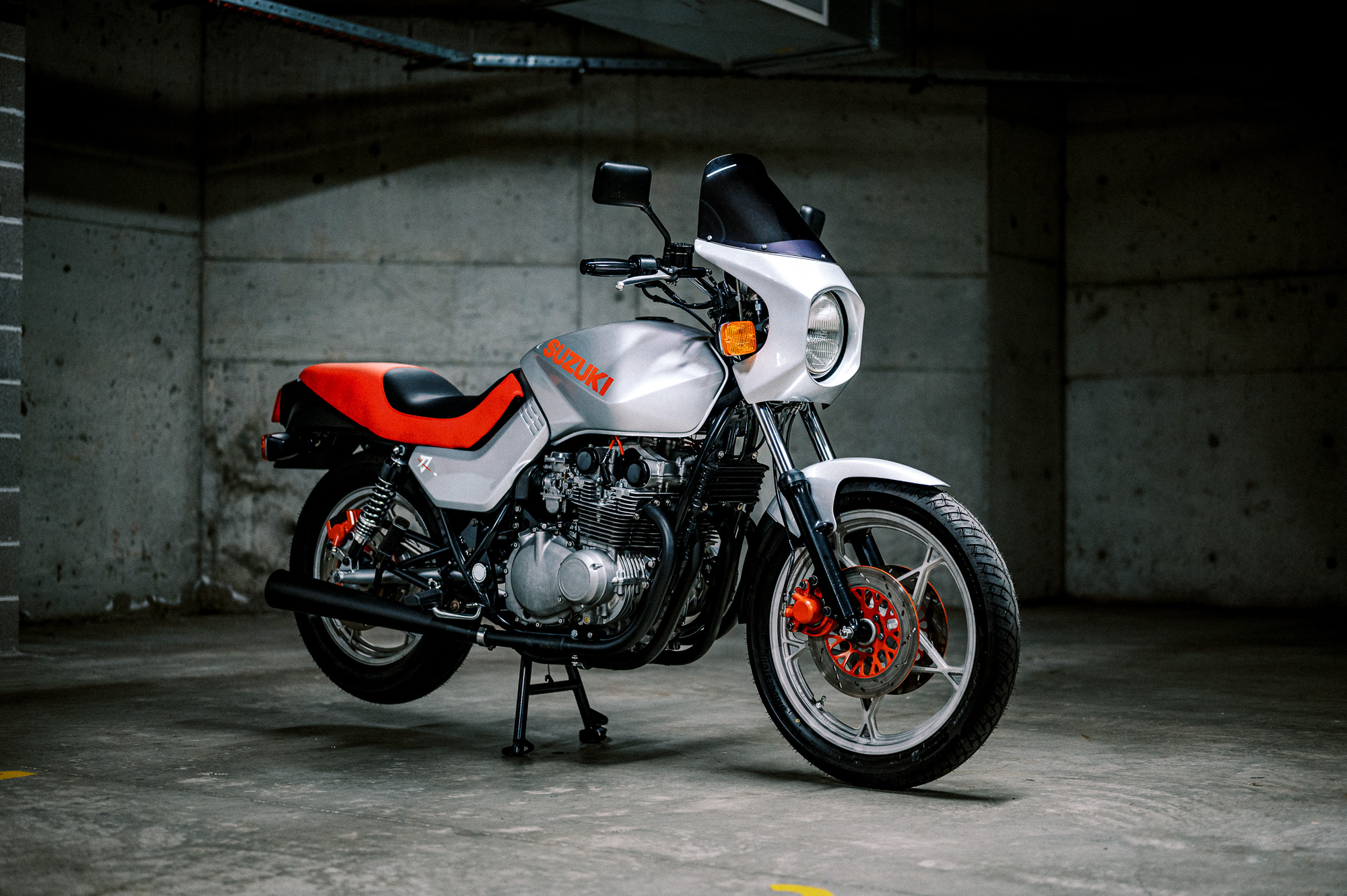 A 1981 Suzuki Katana Motorcycle in an underground carpark