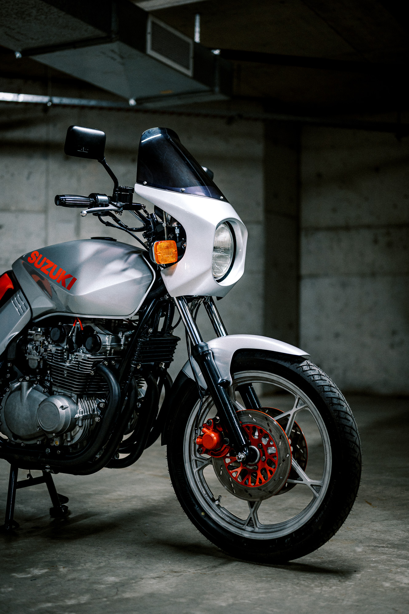 A 1981 Suzuki Katana Motorcycle in an underground carpark