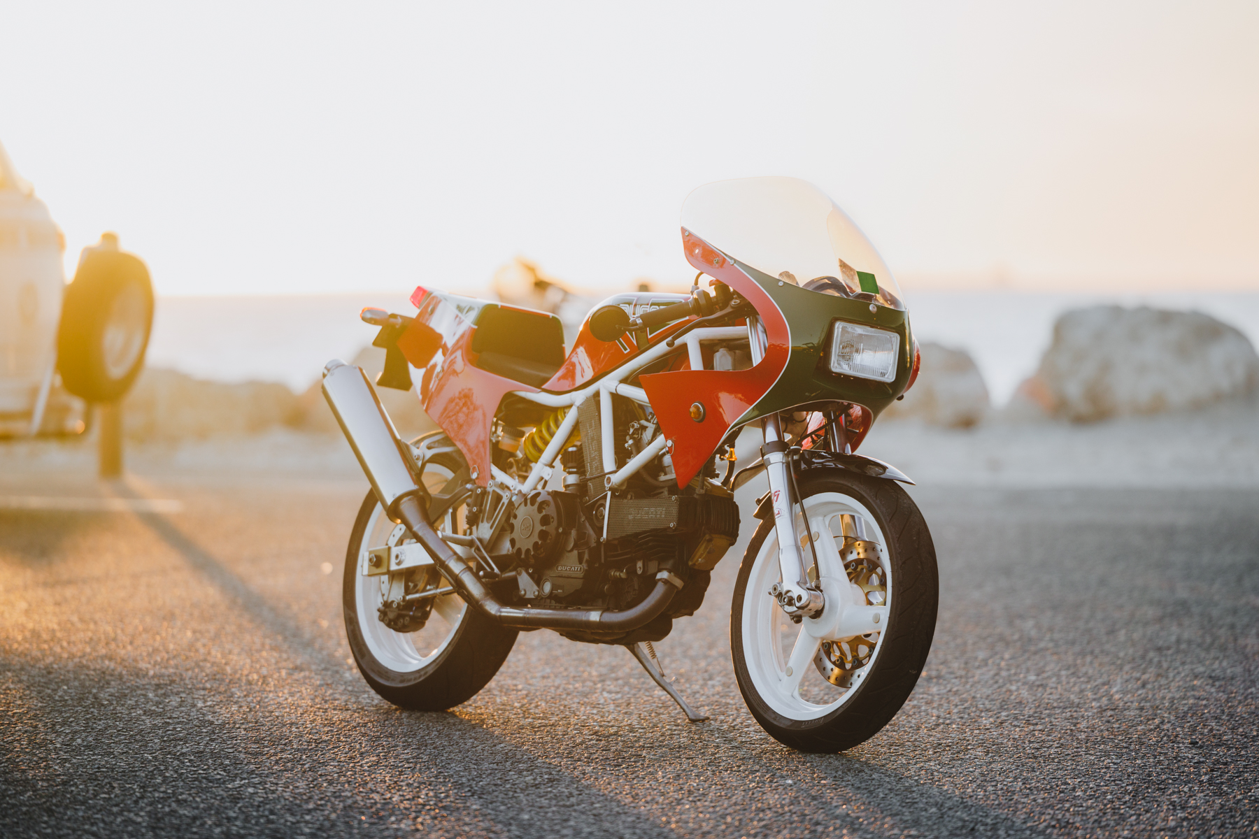 Landscape photo of a custom Ducati motorcycle