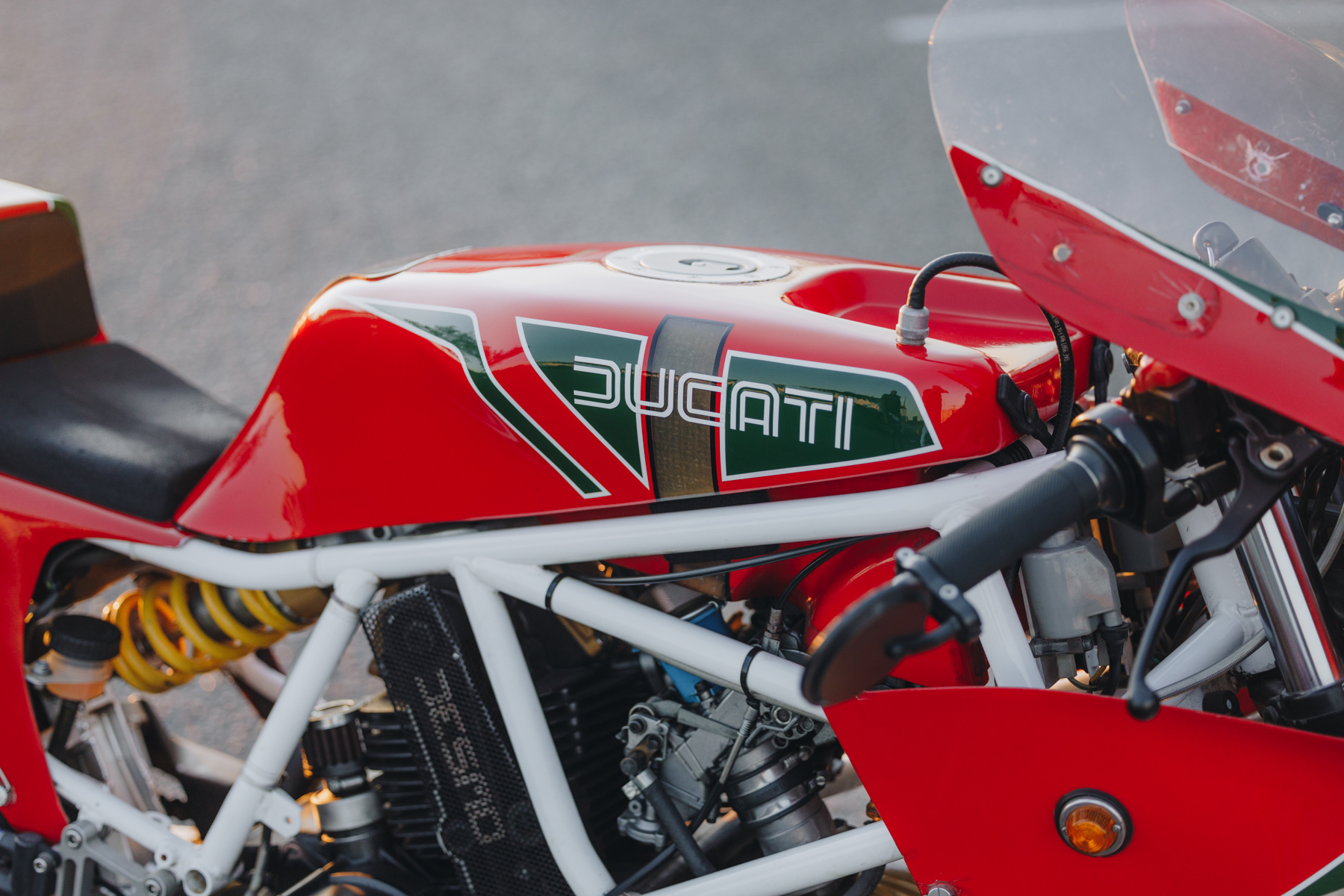 Detail photograph of a Ducati TT2 fuel tank