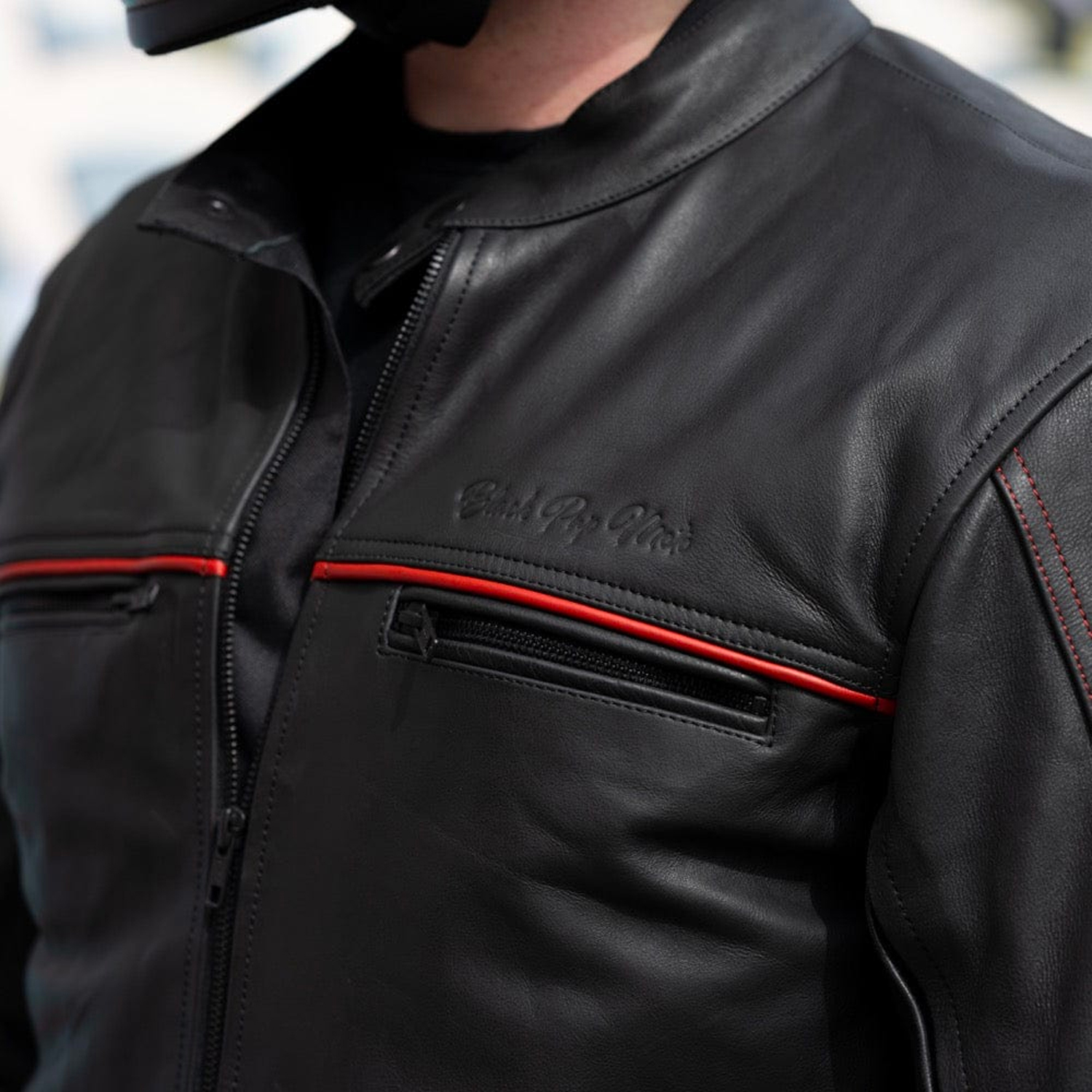 Closeup of breast pocket on Black Pup Moto 'Rumbler' Leather Jacket
