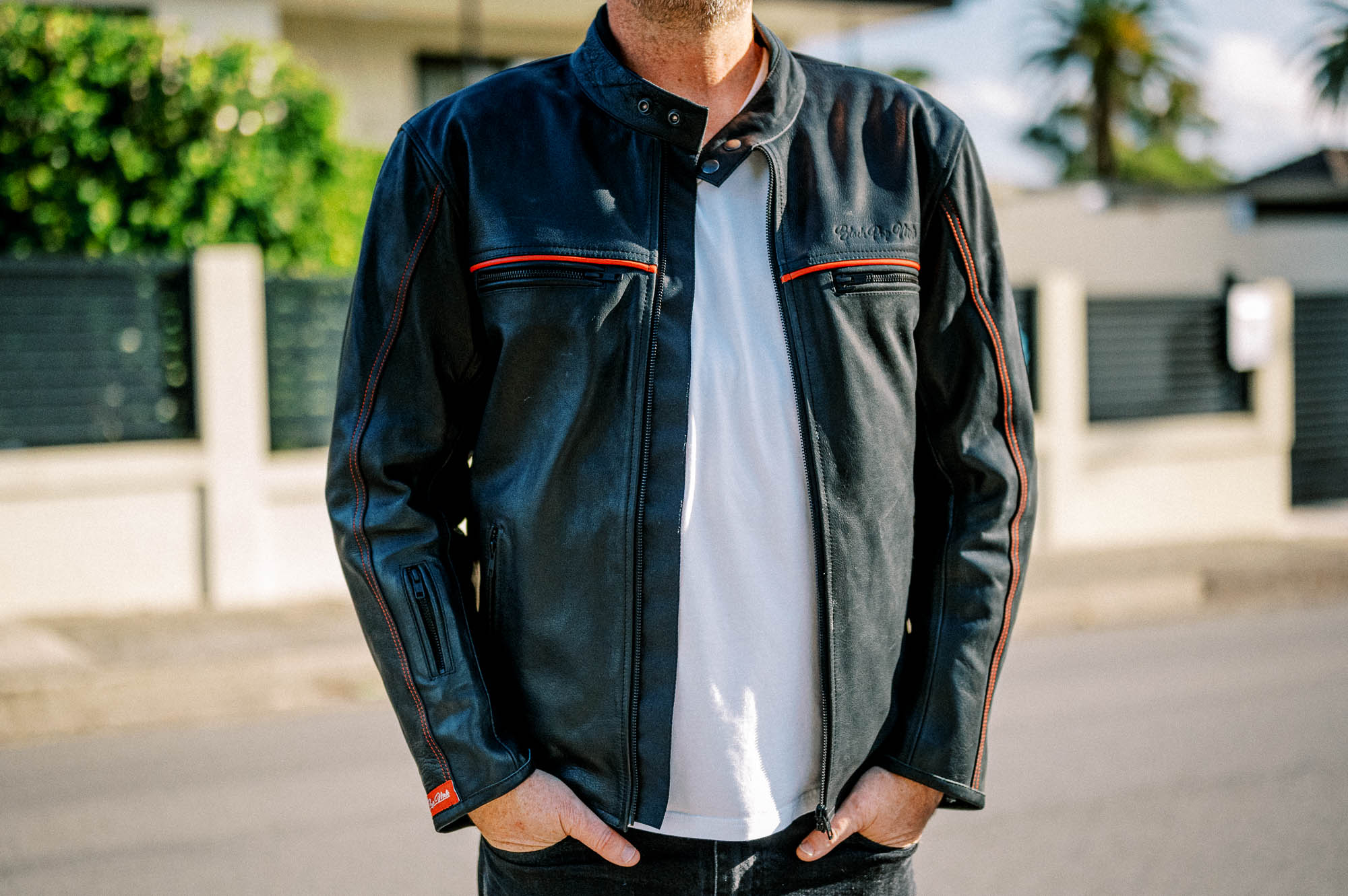 Black Pup Moto's new Rumbler Jacket outdoors