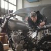Working on a cafe racer in the shop